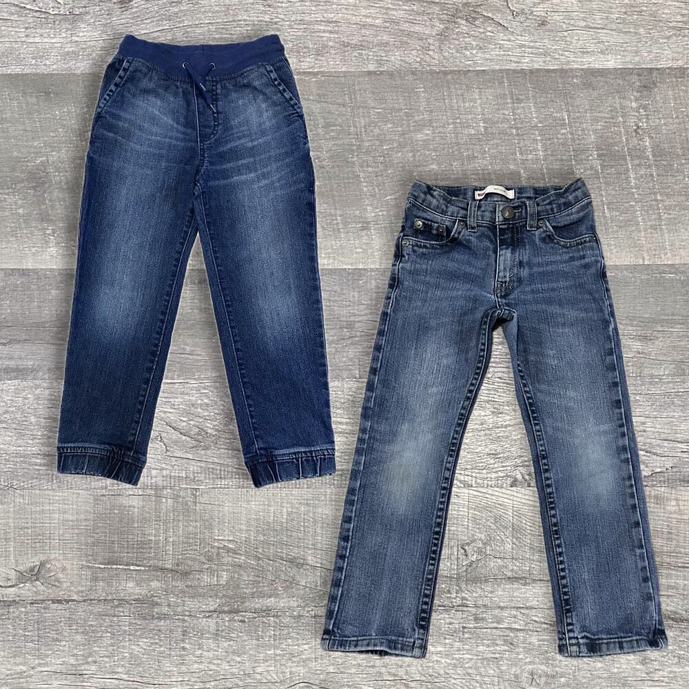 Bundle Boys Blue Jeans (2) Size 5 Levis Slim Straight and OshKosh Jogger Denim